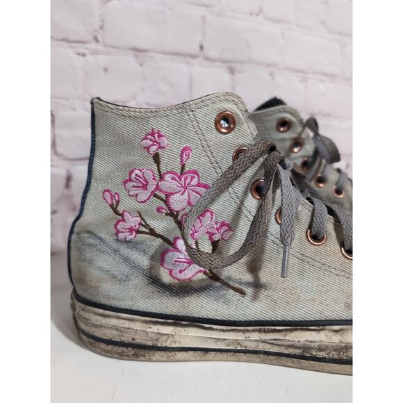 Size 9 - Converse Chuck High Top Denim Cherry Blossom Goth Zombie Custom Shoe - Picture 3 of 15